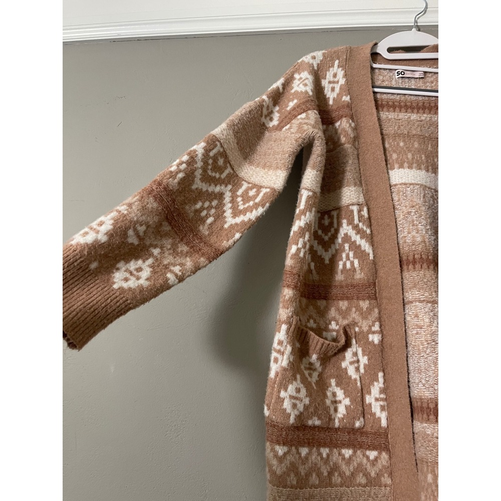 SO Goods For Life Womens Tan Geometric Fair Isle Open Front Cardigan Sweater M - Picture 3 of 9